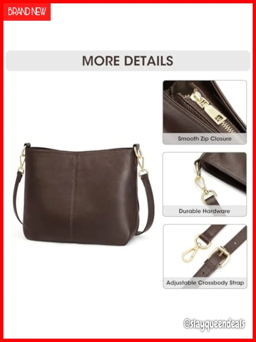 Genuine Leather Crossbody Hobo Bag with 2 Straps, Slip Pocket, Coffee